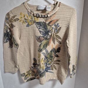 Alfred Dunner Petite Large‎ Botanical Knit Top Beige 3/4 Sleeve Beaded Detail